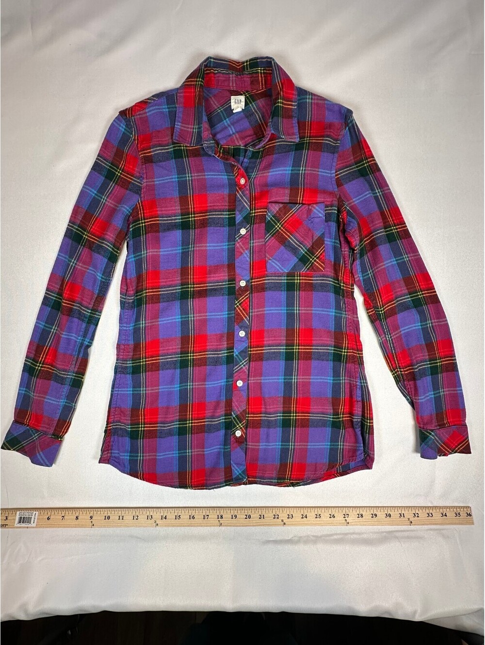 GAP Women's Small Tall Plaid Button-Up Shirt with Long Sleeves, Red and Purple